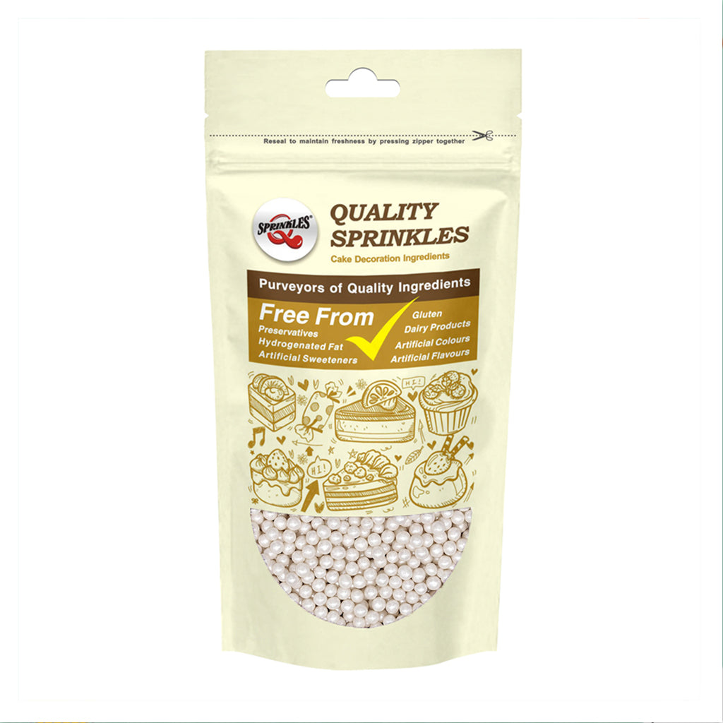 Shimmer White 4mm Pearls - Dairy Free Halal Certified Sprinkles 4 Cake