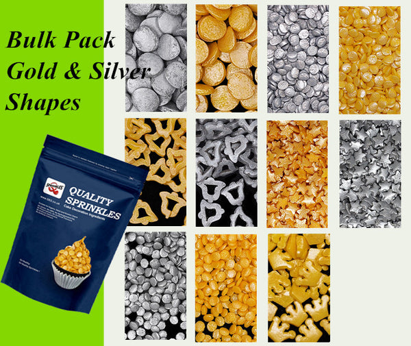 Bulk Pack Gold & Silver Confetti Shapes - No Soya Sprinkels Cake Decor